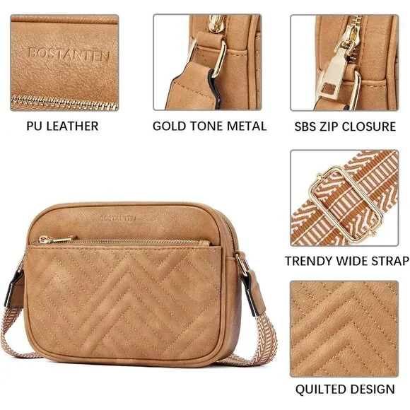 Women Camel Brown Imported Vegan Leather Quilted Shoulder Crossbody Handbags - Picture 4 of 6